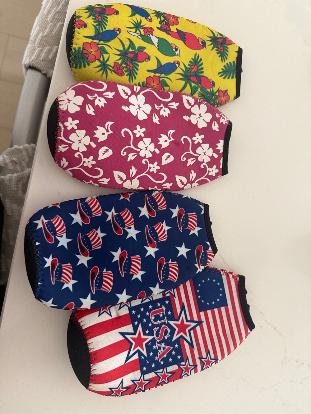 Set of 4 Neoprene Cooler covers - Tropical, Floral, Patriotic